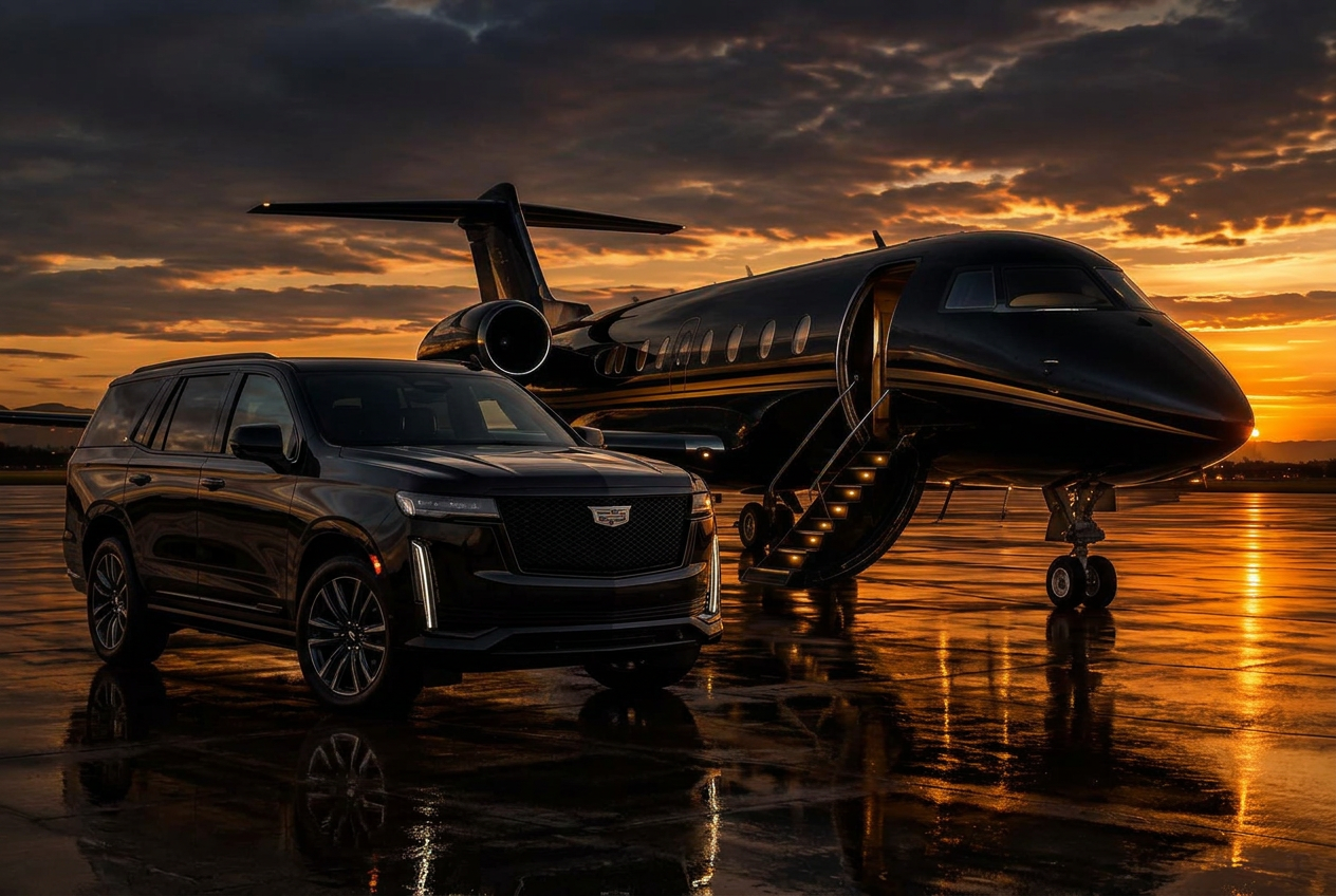 Black 2026 Cadillac Escalade beside a private jet