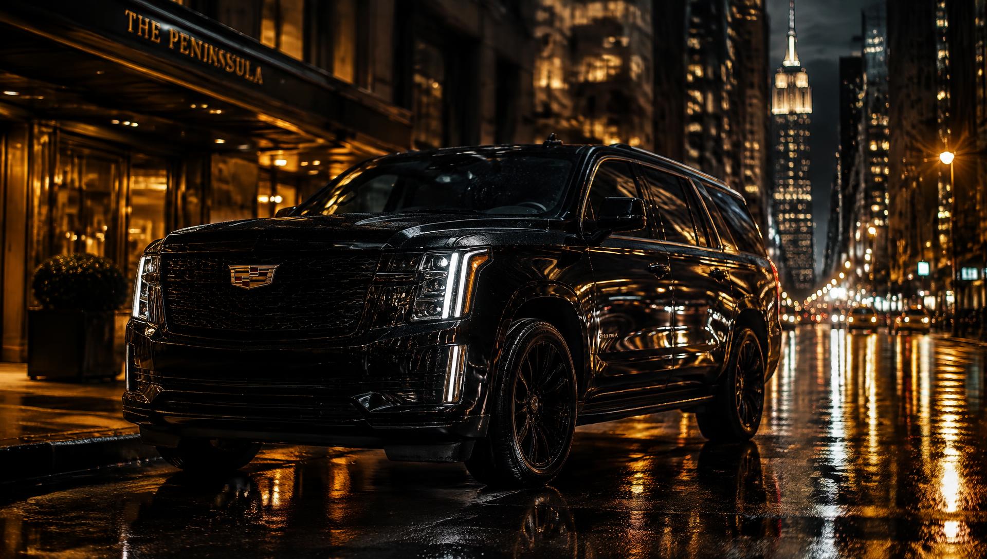 Black Cadillac Escalade in Manhattan at night